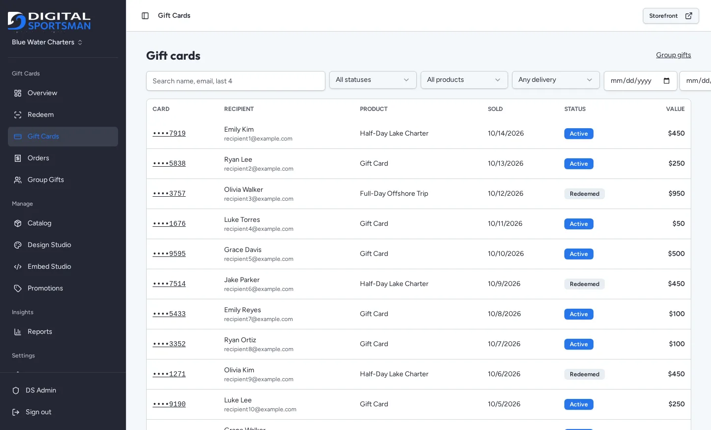 Gift cards list with statuses and values