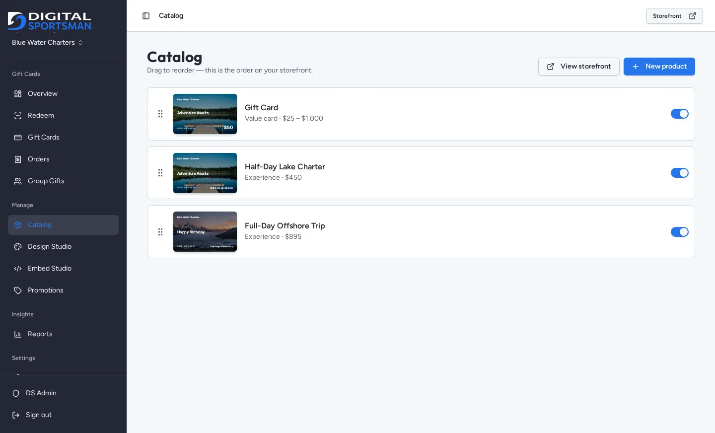 Catalog list with gift card and charter products