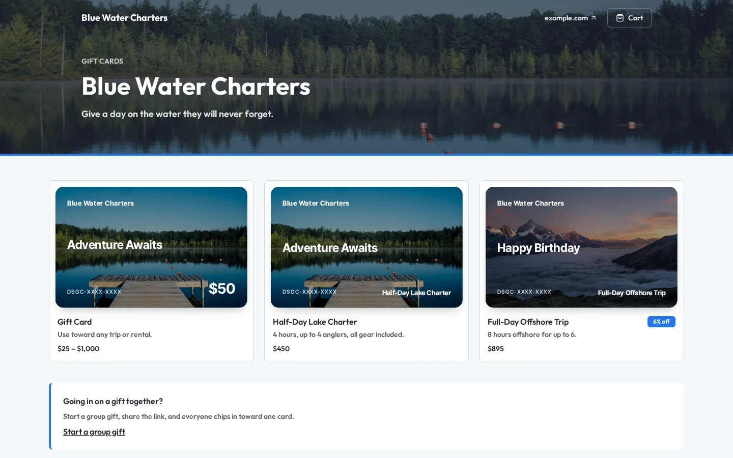 Blue Water Charters storefront with gift card products
