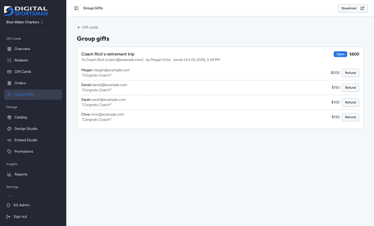 Group gifts list in the operator workspace